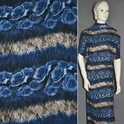 Трикотаж в коричнево-черные полоски с синими розами (раппорт) ш.160