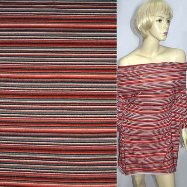 Трикотаж красный в мелкие черно-серые полоски ш.160