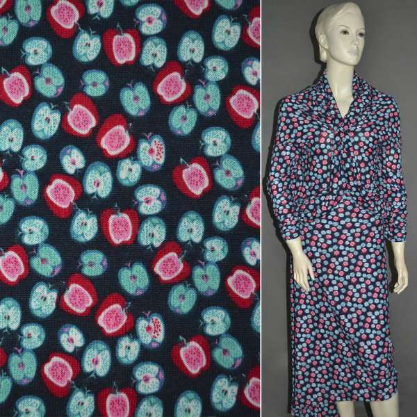 Трикотаж синий темный в красно-голубые яблоки ш.160