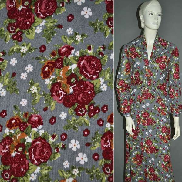 Трикотаж сірий світлий з бордовими квітами ш.160