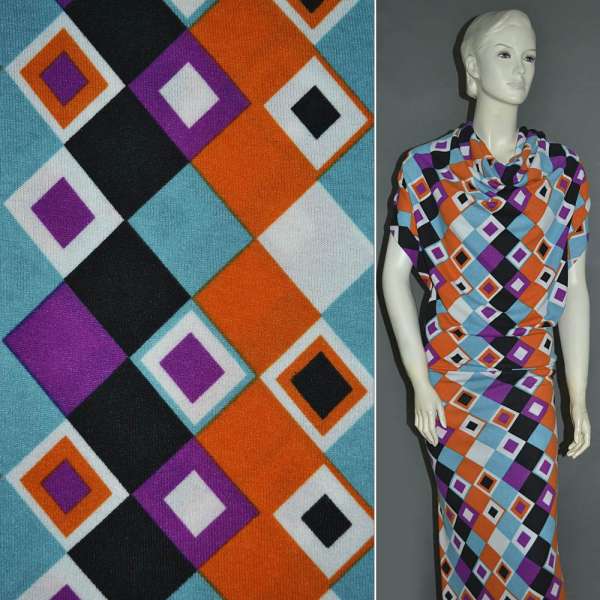 Трикотаж в оранжево-черные сиренево-голубые ромбы ш.160