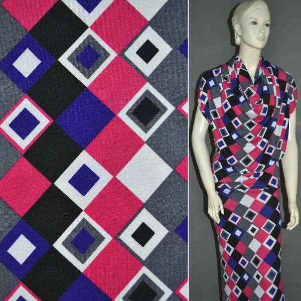 Трикотаж серый в малиново-синие ромбы ш.160