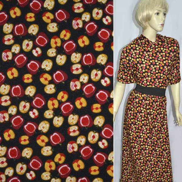 Трикотаж коричневый темный с желто-красными яблоками ш.160