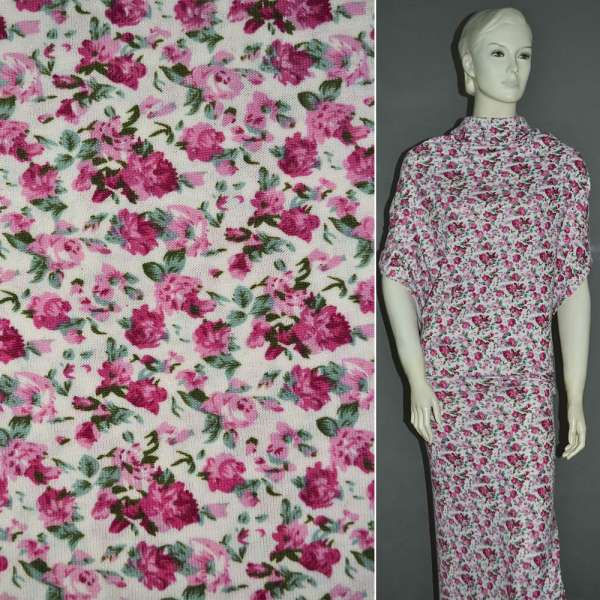 Трикотаж белый с розовыми розами ш.160