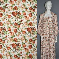 Трикотаж белый в оранжево-зеленые цветы ш.160