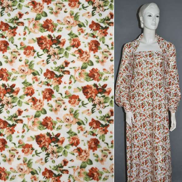 Трикотаж белый в оранжево-зеленые цветы ш.160