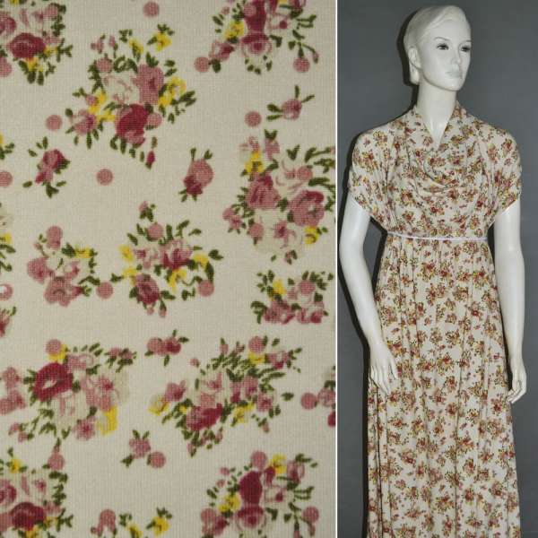 Трикотаж бежевий світлий з букетиками троянд ш.160