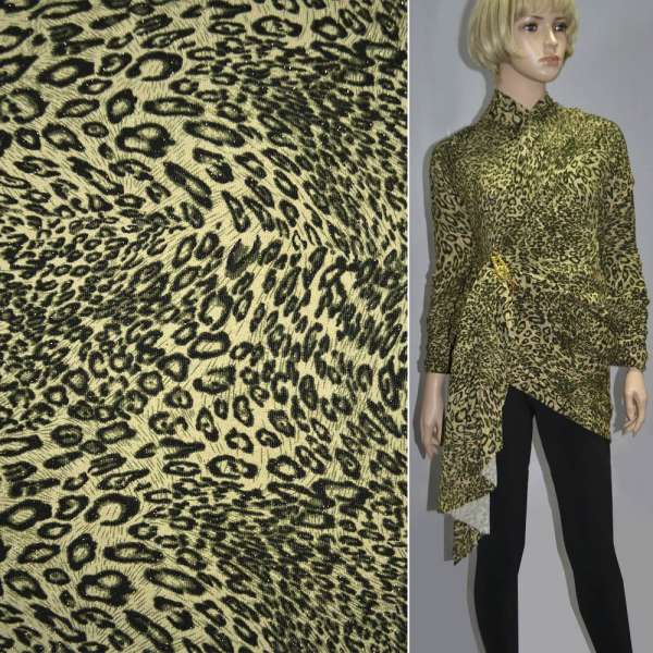 Трикотаж песочно-коричнево-зеленый принт леопард ш.160