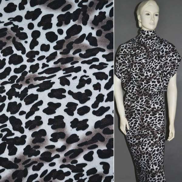 Трикотаж c шерстью молочный в черный принт леопард ш.165