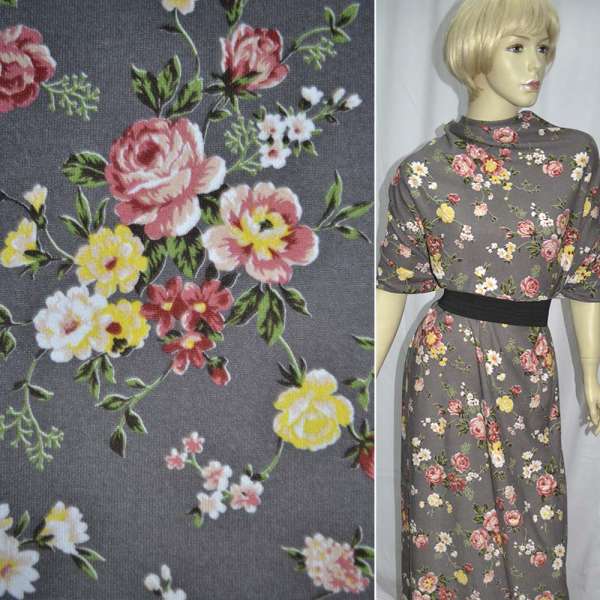 Трикотаж c шерстью серый с бежево-розовыми и желтыми цветами ш.165