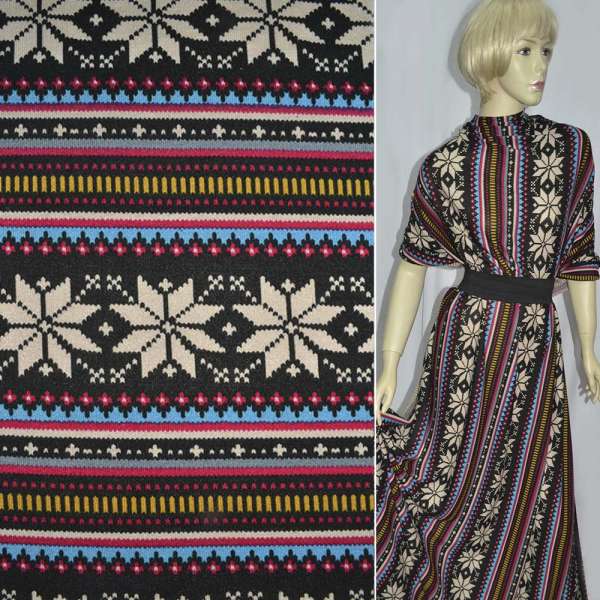 Трикотаж c шерстью в черно-голубые полосы с цветочным орнаментом ш.165