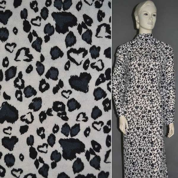 Трикотаж c шерстью белый с фиолетово-черными сердцами ш.165