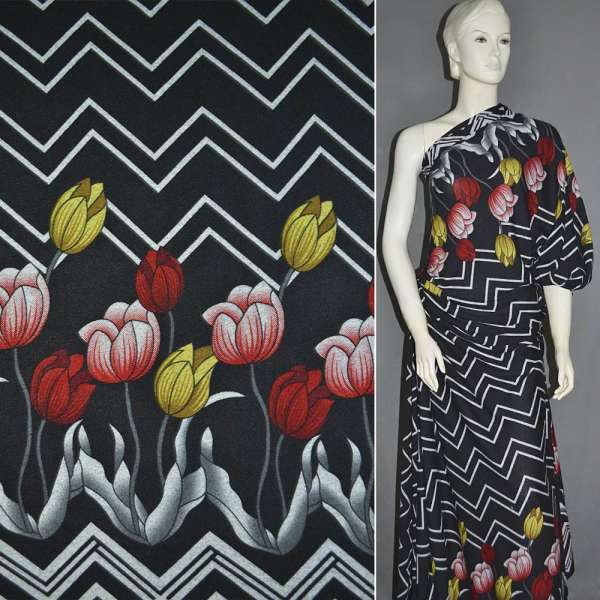 Трикотаж c шерстью черный, 2-ст. купон с желто-красными тюльпанами ш.165