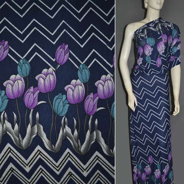 Трикотаж c шерстью синий темный, 2-ст. купон с сиренево-бирюзовыми тюльпанами ш.165