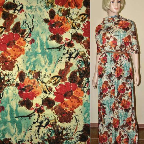 Трикотаж с вискозой бирюзово-бежевый с коричнево-терракотовыми цветами ш.150