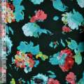 Трикотаж с вискозой черный с кораллово-бирюзовыми цветами ш.170
