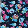 Трикотаж з віскозою синій темний з рожево-блакитними квітами ш.170