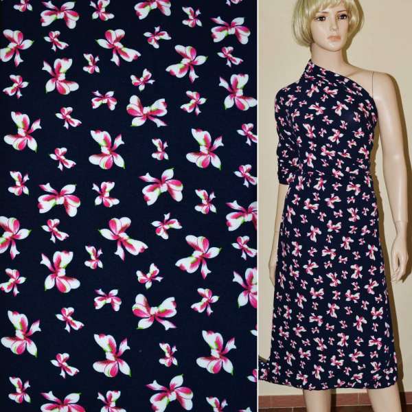 Трикотаж с вискозой синий с бело-розовыми бантами ш.170