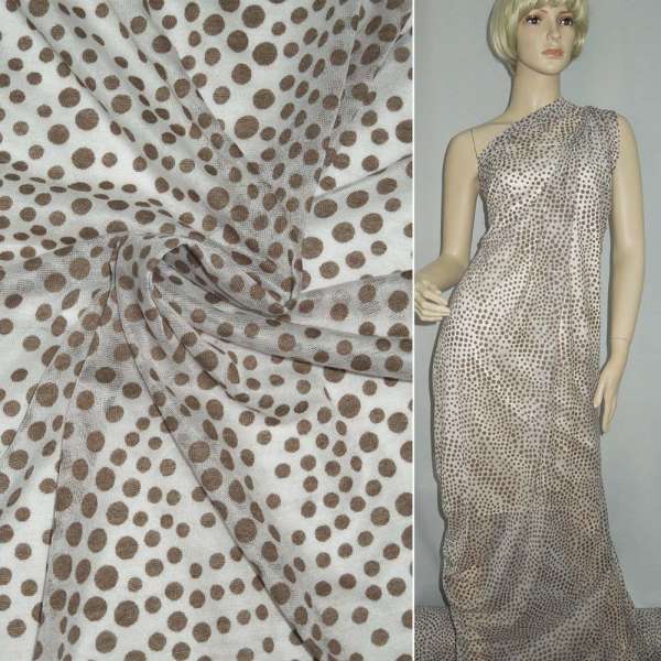 Трикотаж молочный в коричневый горох деворе ш.150