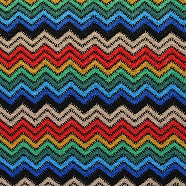 Трикотаж ажурный зигзаг красно-сине-зеленый, ш.150