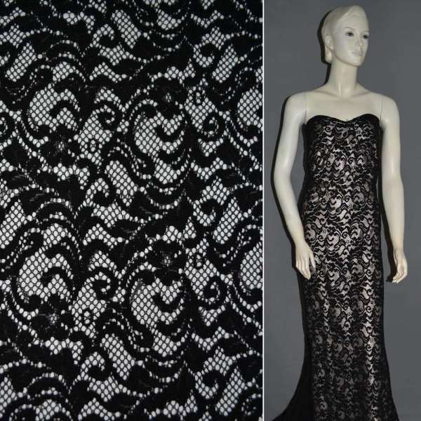 Трикотаж ажурный черный с веточками ш.154