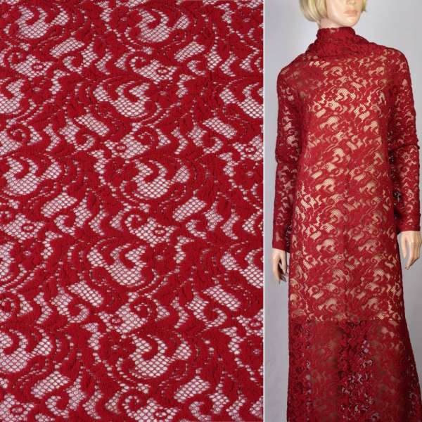 Трикотаж ажурный вишневый с веточками ш.160