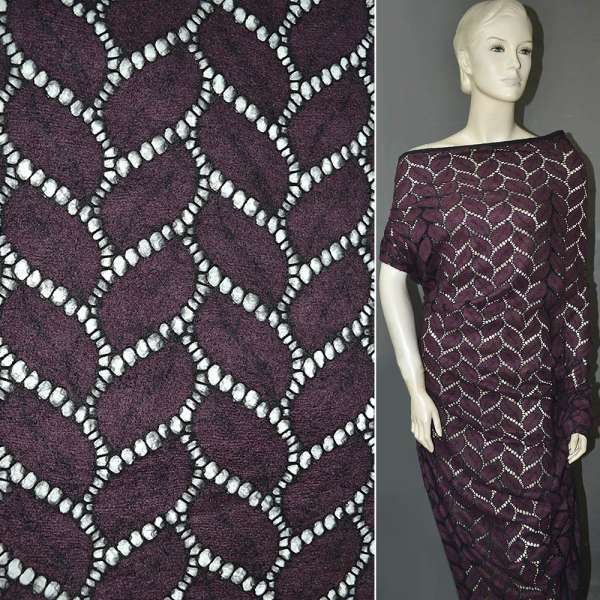 Трикотаж ажурний чорний з вишневим листям ш.150