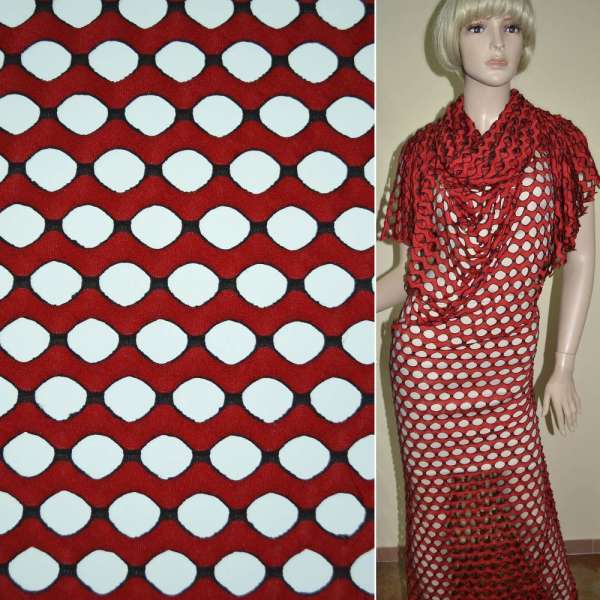 Трикотаж червоний хвилі з овальними дірочками ш.160