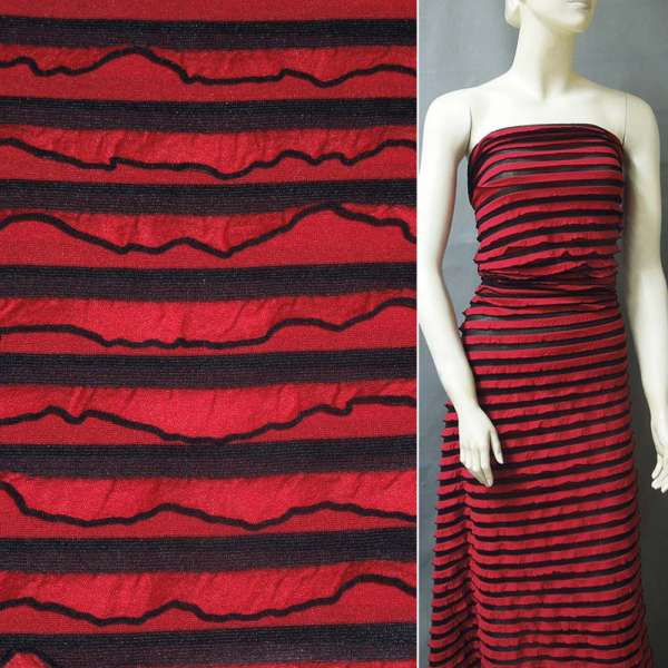 Трикотаж червоний з чорні смужки і рюшами ш.150