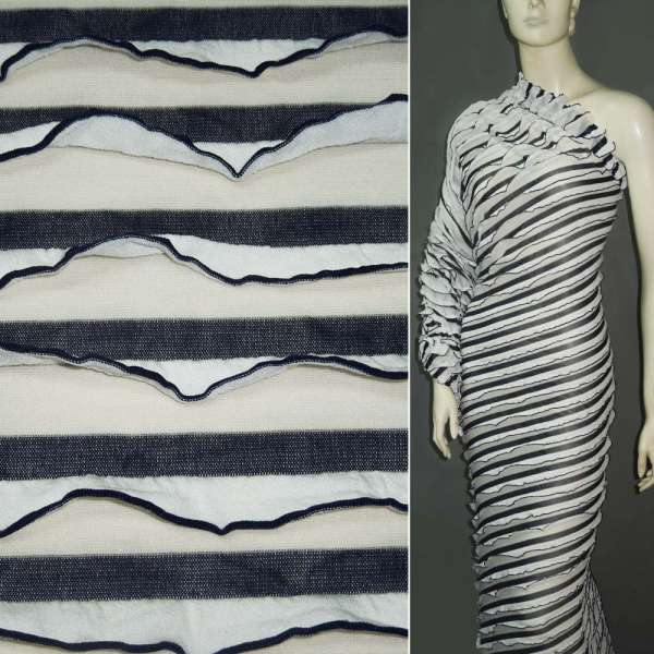 Трикотаж молочно-синий с рюшами ш.160