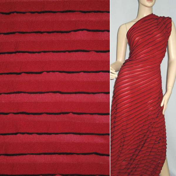 Трикотаж красный с черными полосками и рюшами ш.160