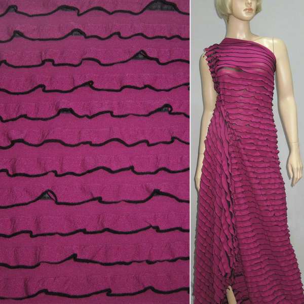 Трикотаж малиновий з чорними смужками і рюшами ш.160