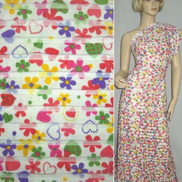 Трикотаж белый с рюшами и цветными цветами ш.150