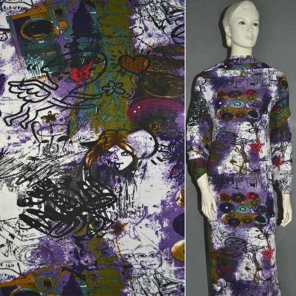 Трикотаж с шерстью белый с фиолетово-зеленой абстракцией ш.160