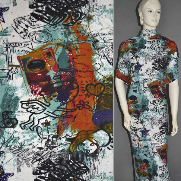 Трикотаж с шерстью белый с зелено-черной абстракцией ш.160