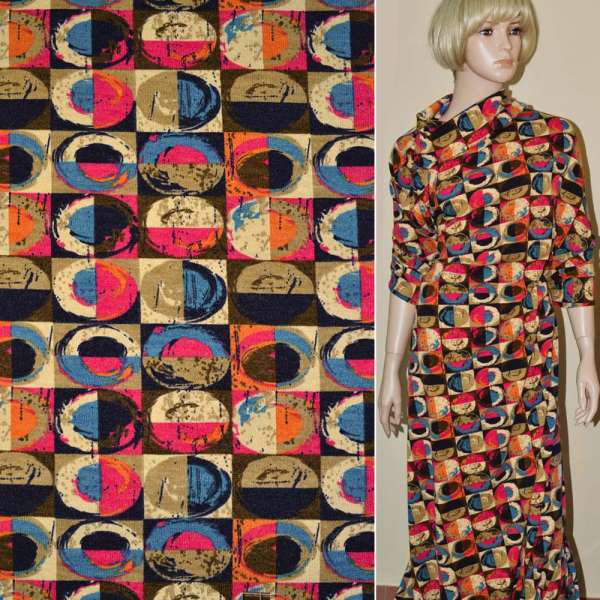 Трикотаж с шерстью в коричнево-малиновые квадраты с цветными овалами ш.170