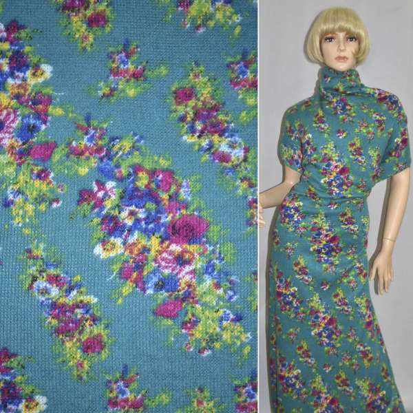 Трикотаж с шерстью бирюзовый светлый с цветными цветами ш.165