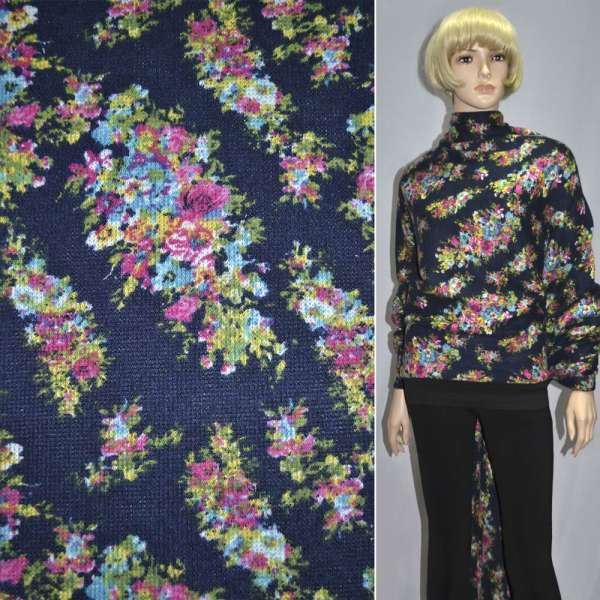 Трикотаж с шерстью синий темный с цветными цветами ш.165