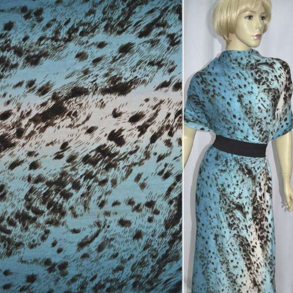 Трикотаж с шерстью принт леопард (раппорт) сине-голубой с коричневым  ш.160