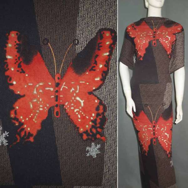 Трикотаж с шерстью бабочки коралловые (раппорт) коричневый точки ш.165