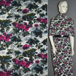 Трикотаж с шерстью молочно-серый с малиновыми цветами ш.150