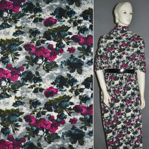 Трикотаж с шерстью молочно-серый с малиновыми цветами ш.150