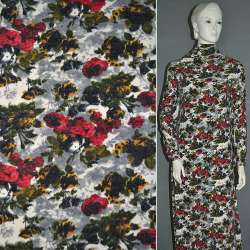 Трикотаж с шерстью молочно-серый с красными цветами ш.150