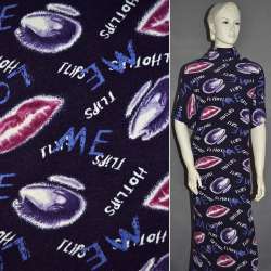 Трикотаж с шерстью фиолетовый темный с разноцветным рисунком LOVE ш.160