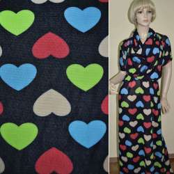 Трикотаж синий темный с цветными сердечками ш.167