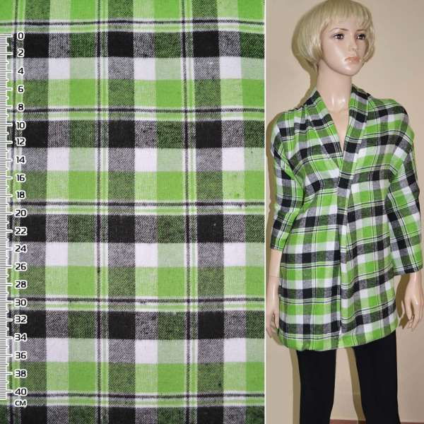 Фланель рубашечная в салатово-белую+черную клетку ш.148