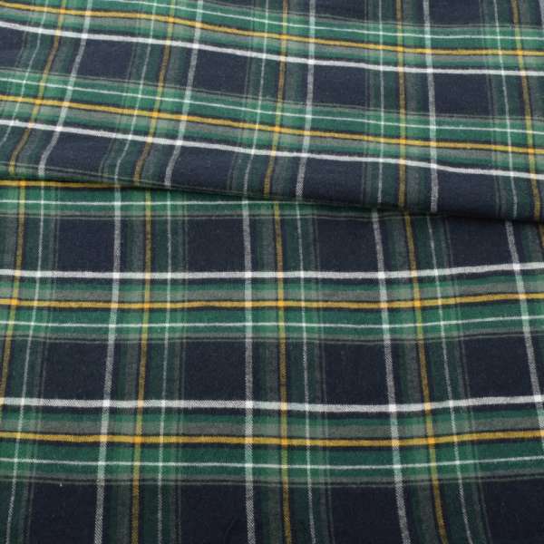 Фланель рубашечная синяя темная в зелено-желто-белую клетку ш.150