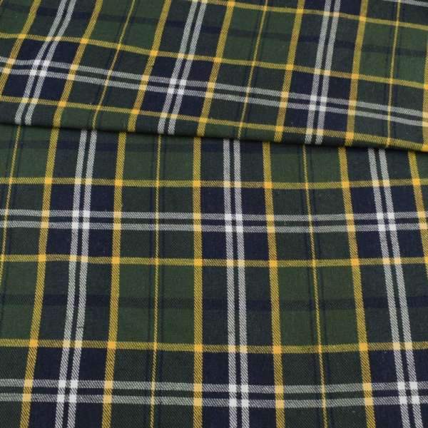 Фланель рубашечная синяя темная в зелено-желтую клетку, ш.145