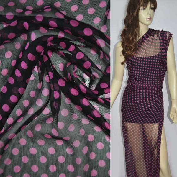 Шелк черный в розовый горох, ш.140