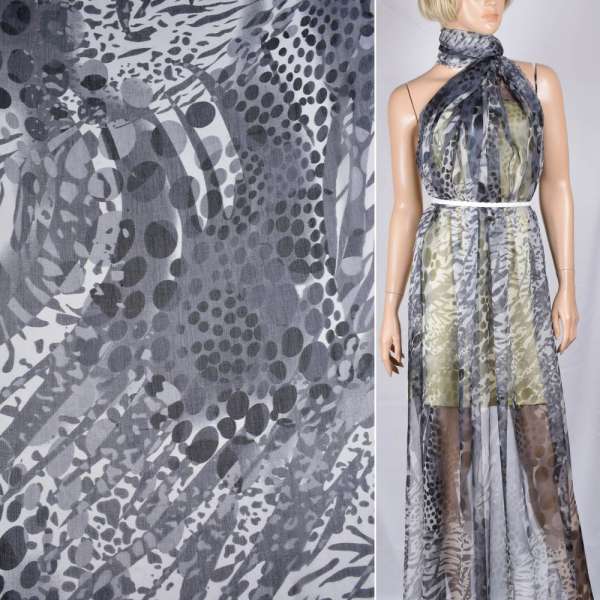 Шелк серый с серо-белым абстрактным рисунком, ш.140